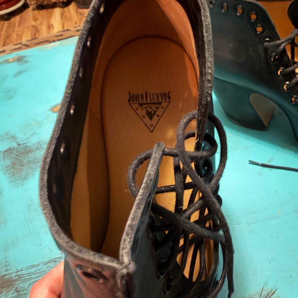 Fluevog black sexy lace up booties